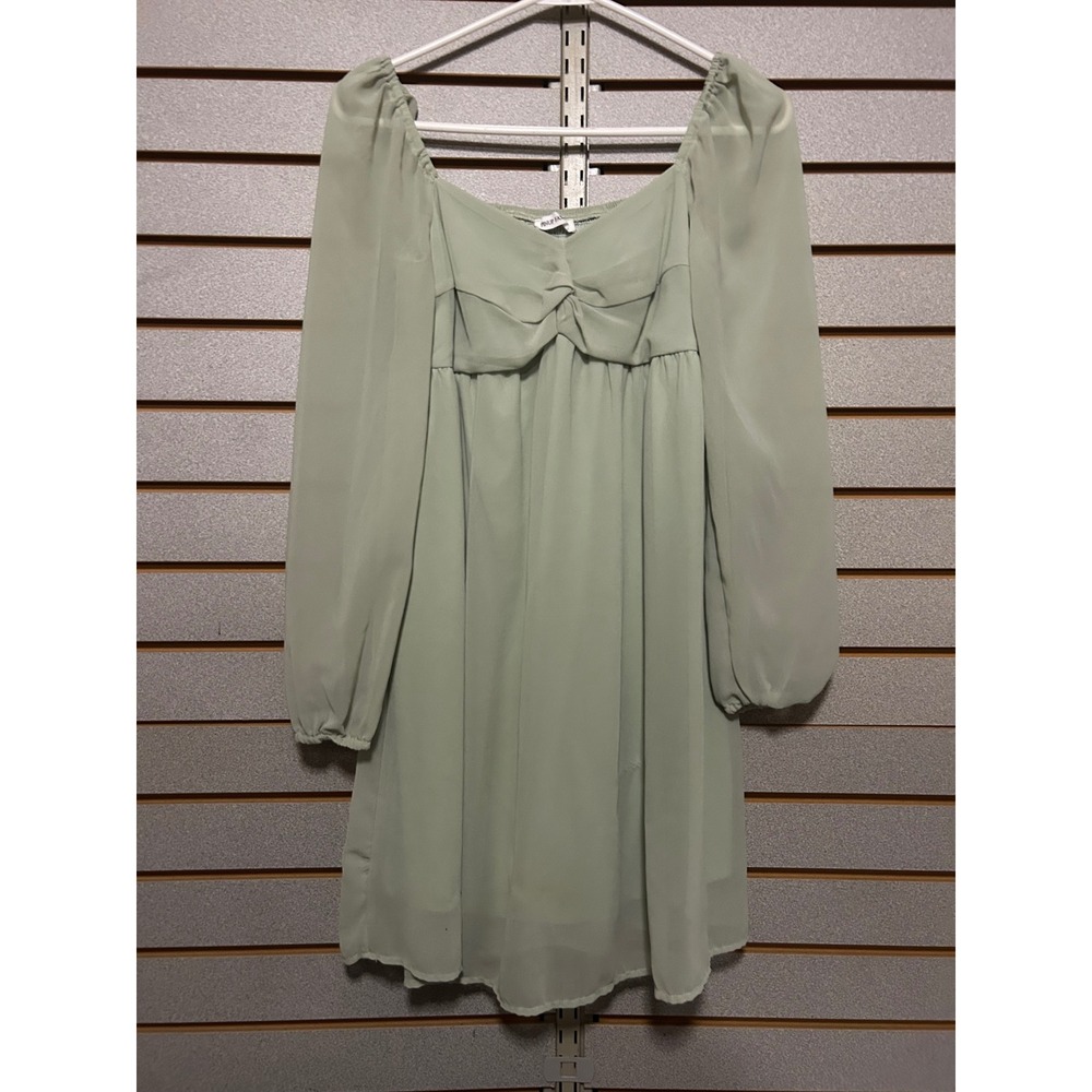 Fairy Sage Green Long Sleeve Smocked Back Mini Dress Small Babydoll Coquette